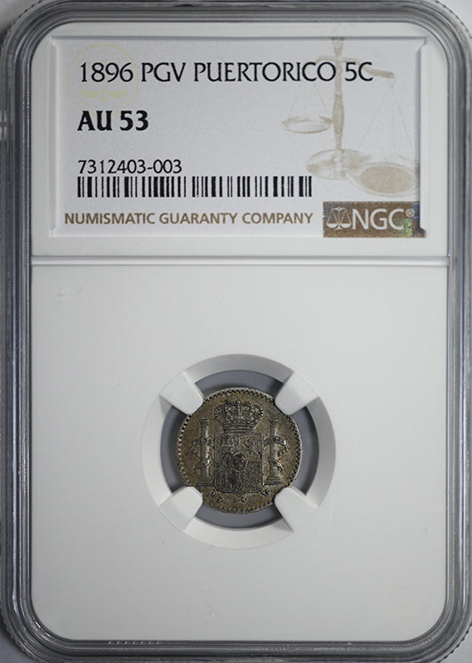 1896 PGV Puerto Rico 5C Centavos NGC AU53