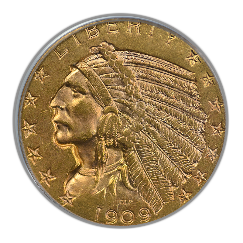 1909-D Indian Head Gold Half Eagle $5 PCGS Doily AU55 Gold CAC Obverse
