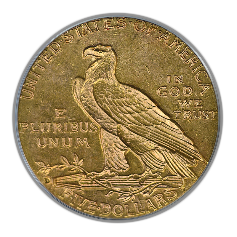 1909-D Indian Head Gold Half Eagle $5 PCGS Doily AU55 Gold CAC Reverse