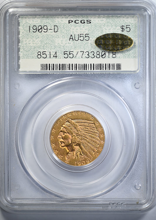 1909-D Indian Head Gold Half Eagle $5 PCGS Doily AU55 Gold CAC Obverse Slab