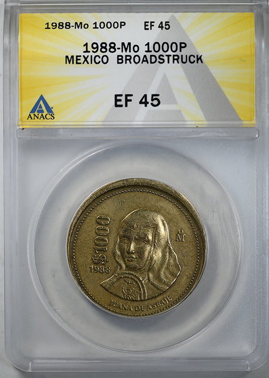 1988-Mo Mexico 1000P Pesos ANACS XF45 Mint Error Broadstruck