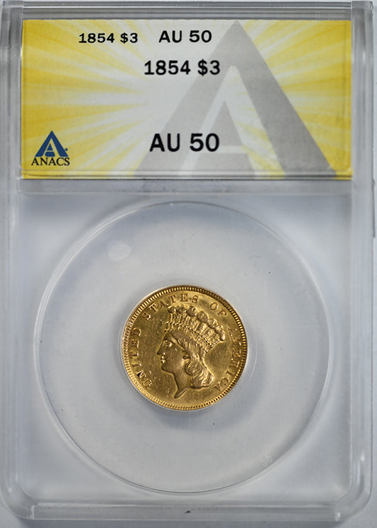 1854 Indian Princess Gold Three Dollar Piece $3 ANACS AU50 Obverse Slab