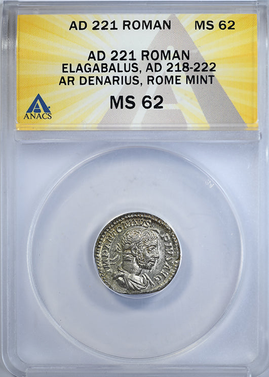 AD 218-222 Roman Elagabalus AR Denarius ANACS MS62 Obverse Slab