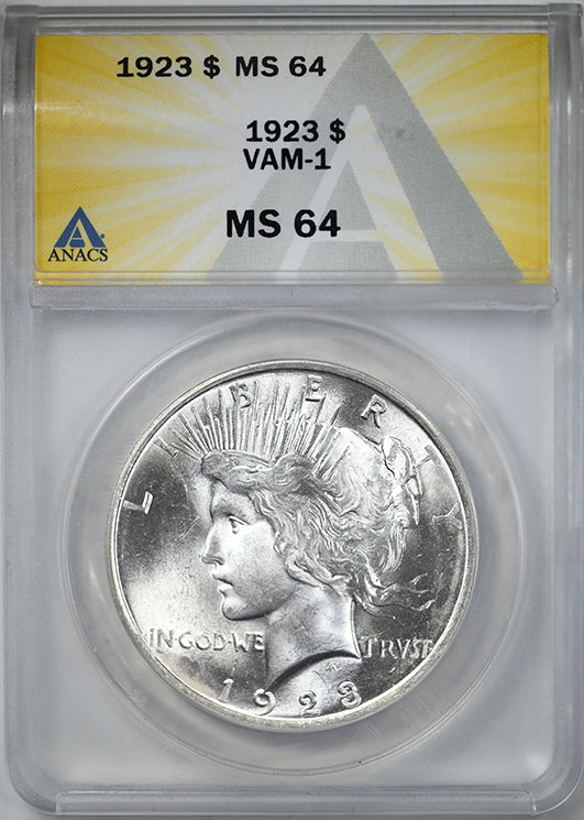 1923 Peace Dollar $1 ANACS MS64 VAM-1