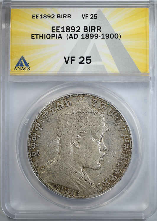 EE1892 (AD 1899-1900) Ethiopia Birr ANACS VF25
