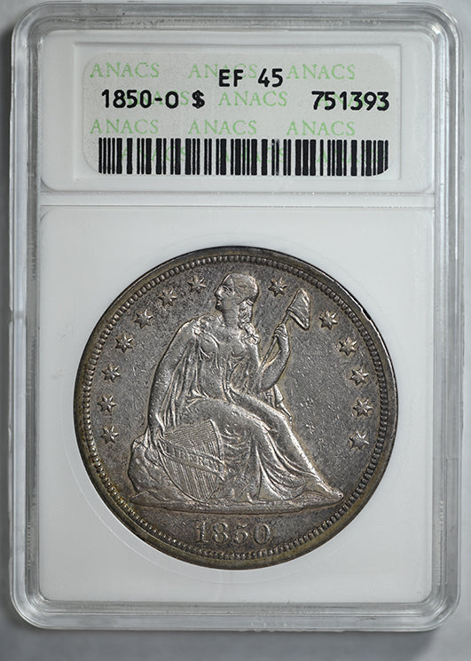 1850-O Liberty Seated Dollar $1 ANACS Soapbox XF45
