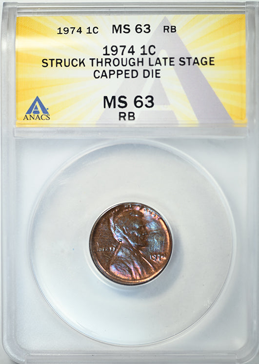 1974 Lincoln Memorial Cent 1C ANACS MS63RB - Struck Through Late Stage Capped Die - TONED!