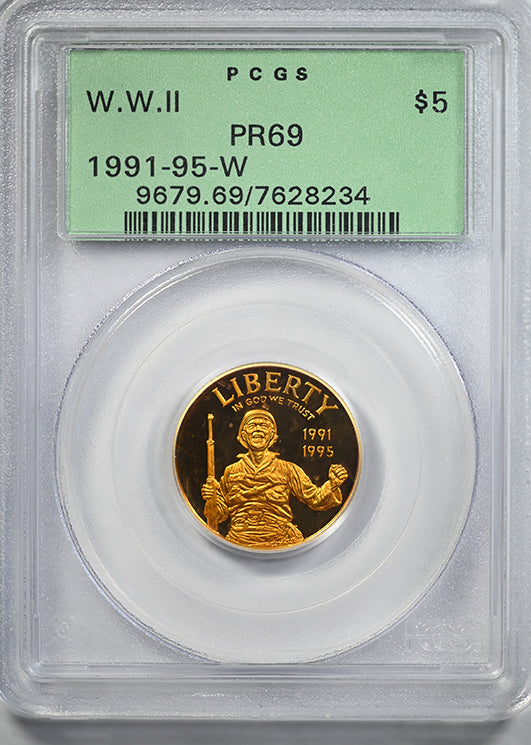 1991-95-W Proof World War II Commemorative Gold $5 PCGS PR69 OGH