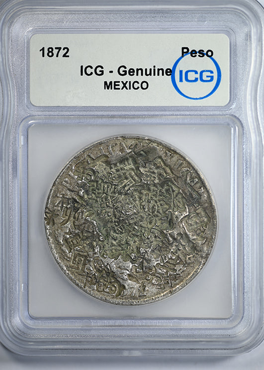 1872 Mexico Peso ICG Genuine with Chopmarks Obverse Slab