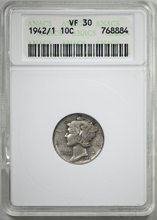 1942/1 Mercury Dime 10C ANACS Soapbox VF30