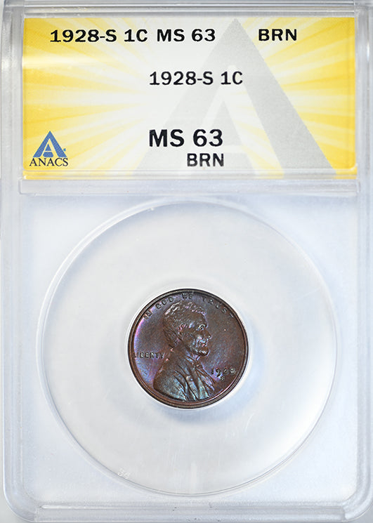 1928-S Lincoln Wheat Cent 1C ANACS MS63BN - TONED!