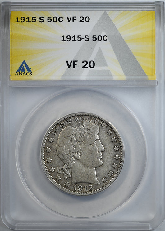 1915-S Barber Half Dollar 50C ANACS VF20
