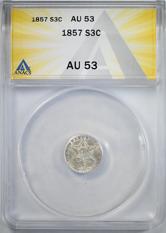 1857 Three Cent Silver Piece 3CS ANACS AU53