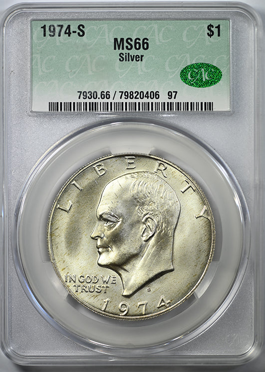1974-S Silver Eisenhower Dollar $1 CAC MS66 Obverse Slab