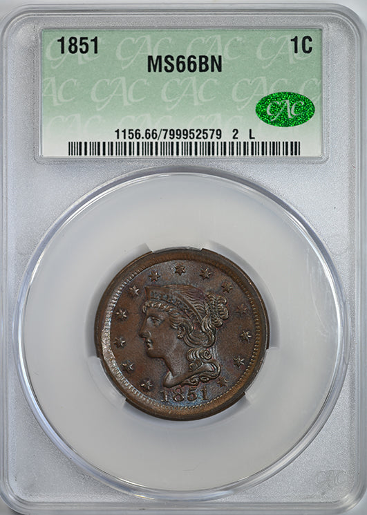 1851 Braided Hair Liberty Head Large Cent 1C CAC MS66BN - TONED! Obverse Slab