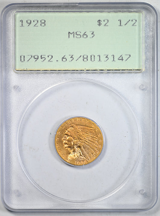 1928 Indian Head Gold Quarter Eagle $2.50 PCGS Rattler MS63 Obverse Slab