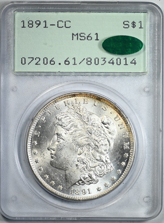 1891-CC Morgan Dollar $1 PCGS Rattler MS61 CAC Obverse Slab