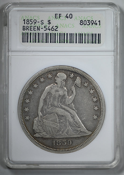 1859-S Liberty Seated Dollar $1 ANACS Soapbox XF40