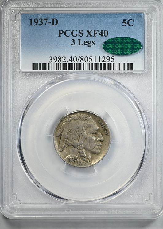 1937-D Buffalo Nickel 5C PCGS XF40 CAC - 3 Legs