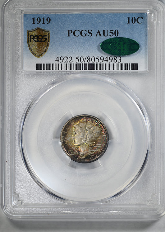 1919 Mercury Dime 10C PCGS AU50 CAC - TONED!