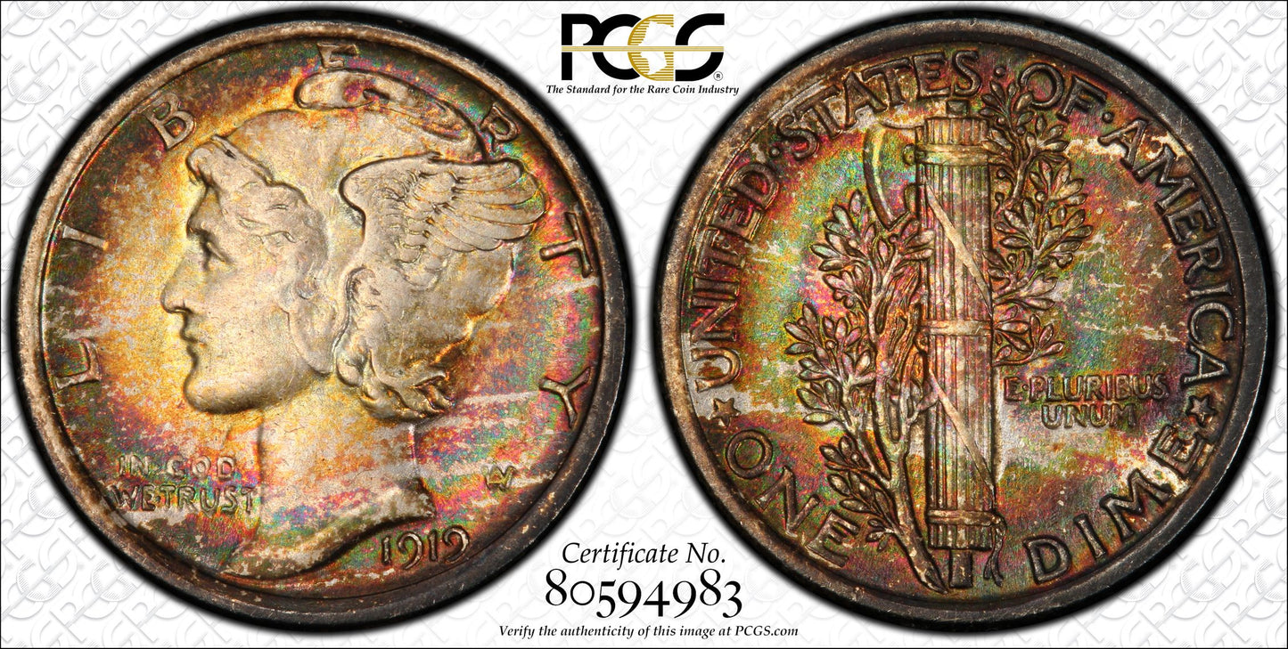 1919 Mercury Dime 10C PCGS AU50 CAC - TONED!