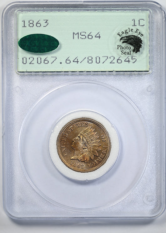1863 Indian Head Cent 1C PCGS Rattler MS64 CAC  Obverse Slab