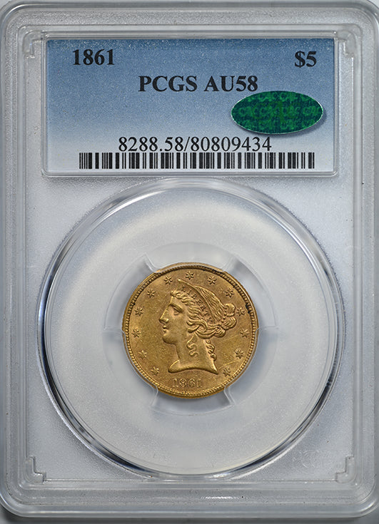 1861 Liberty Head Gold Half Eagle $5 PCGS AU58 CAC Obverse Slab