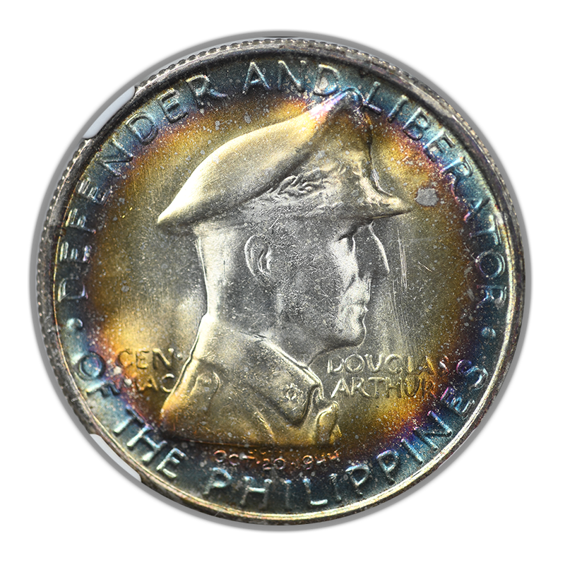 1947-S Philippines 1 Peso NGC MS65* Star - Douglas MacArthur - RAINBOW TONED!