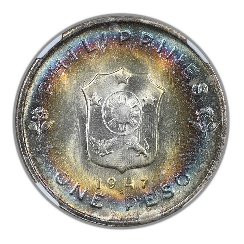 1947-S Philippines 1 Peso NGC MS65* Star - Douglas MacArthur - RAINBOW TONED!