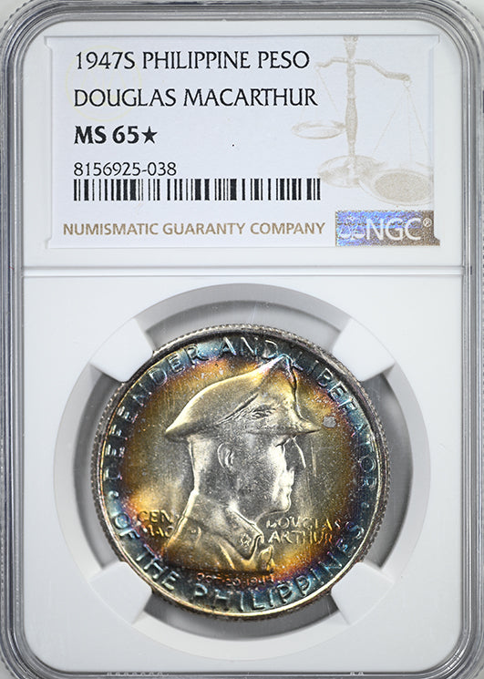 1947-S Philippines 1 Peso NGC MS65* Star - Douglas MacArthur - RAINBOW TONED!