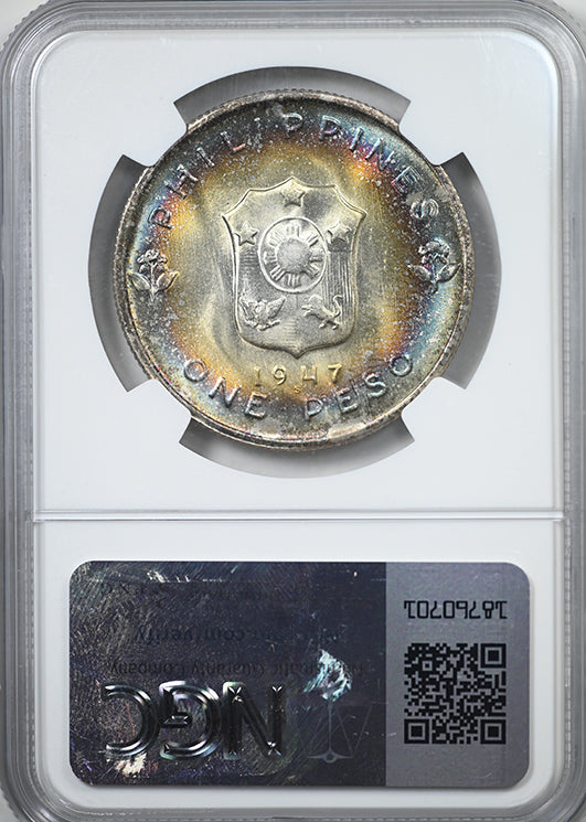 1947-S Philippines 1 Peso NGC MS65* Star - Douglas MacArthur - RAINBOW TONED!