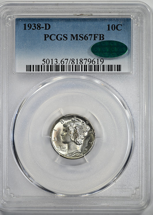 1938-D Mercury Dime 10C PCGS MS67FB CAC - Full Bands Obverse Slab