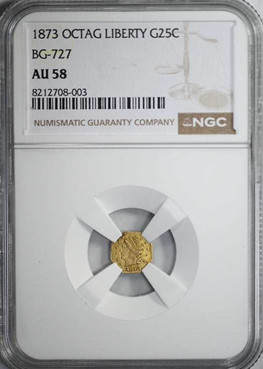 1873 Octagonal California Fractional Gold Liberty Head 1/4 Dollar G25C NGC AU58 BG-727
