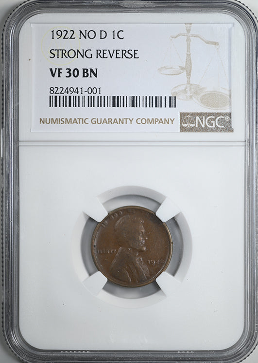 1922 No D Lincoln Wheat Cent 1C NGC VF30BN - Strong Reverse