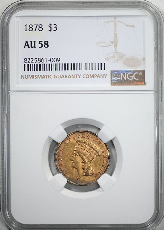 1878 Indian Princess Gold Three Dollar Piece $3 NGC AU58