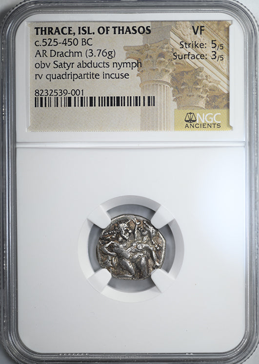 c.525-450 BC Thrace, Island of Thasos AR Drachm Satyr &amp; Nymph NGC Ancients VF