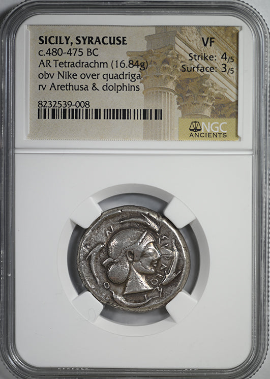 c.480-475 BC Sicily, Syracuse AR Tetradrachm Arethusa &amp; Dolphins NGC Ancients VF