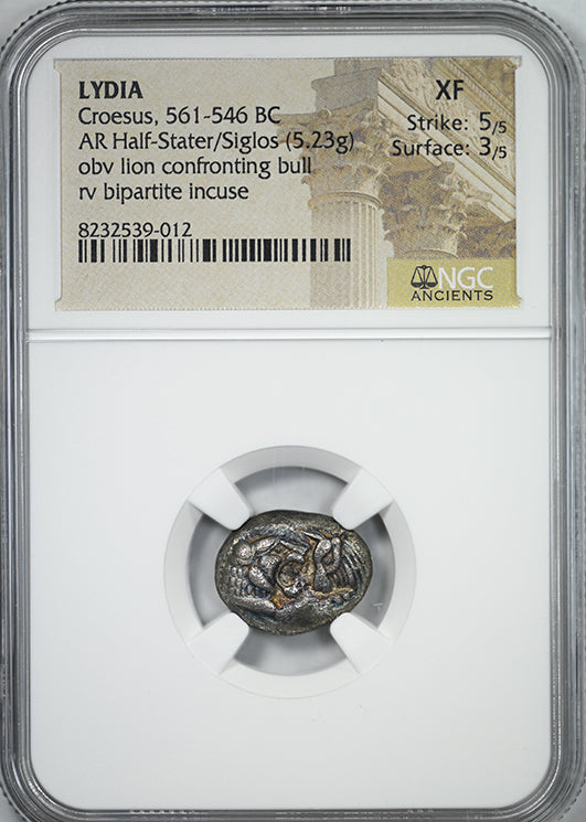 Croesus, 561-546 BC Lydia AR Half-Stater/Siglos Lion Confronting Bull NGC Ancients XF - TONED!
