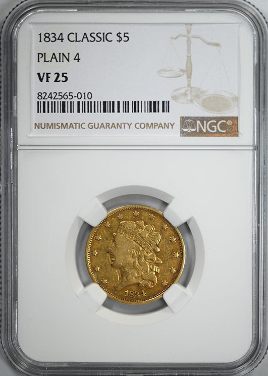 1834 Classic Head Gold Half Eagle $5 NGC VF25 - Plain 4