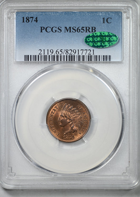 1874 Indian Head Cent 1C PCGS MS65RB CAC