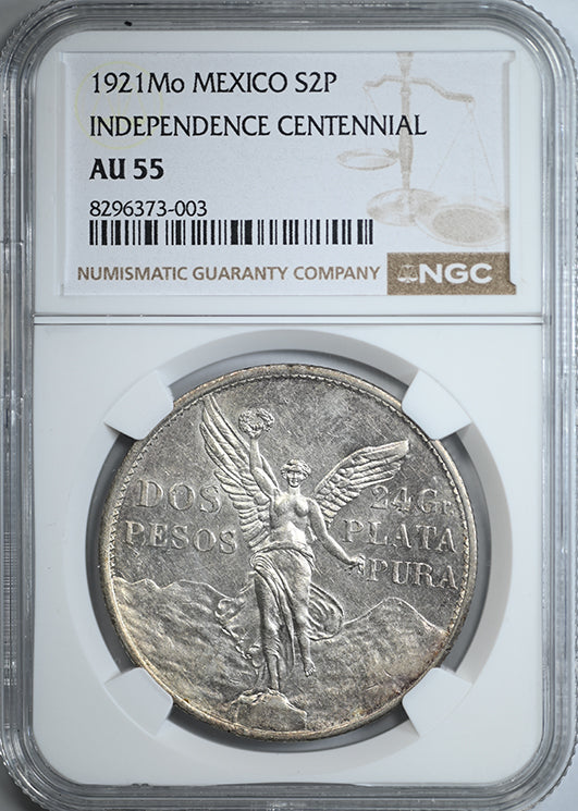 1921 Mo Mexico Silver Dos Pesos S2P NGC AU55 - Independence Centennial