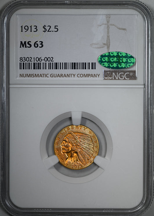 1913 Indian Head Gold Quarter Eagle $2.50 NGC MS63 CAC - NICE COLOR!