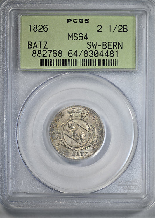 1826 Switzerland 2 1/2B Batz SW-Bern PCGS MS64 OGH