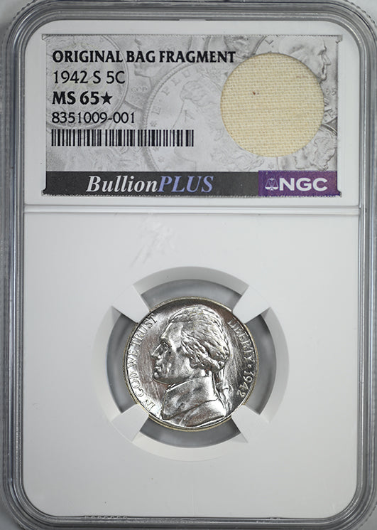 1942-S Jefferson Nickel 5C NGC MS65* Star with Original Bag Fragment