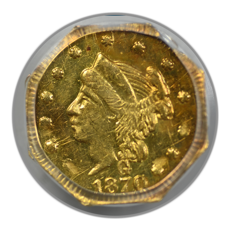 1870 California Fractional Gold Octagonal Liberty Head 1/4 Dollar G25C PCGS AU58 BG-759 OGH Obverse