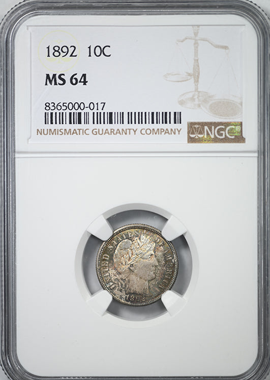 1892 Barber Dime 10C NGC MS64 - TONED!