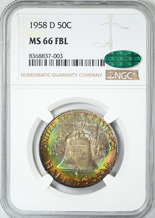 1958-D Franklin Half Dollar 50C NGC MS66FBL CAC - Full Bell Lines - RAINBOW TONED!