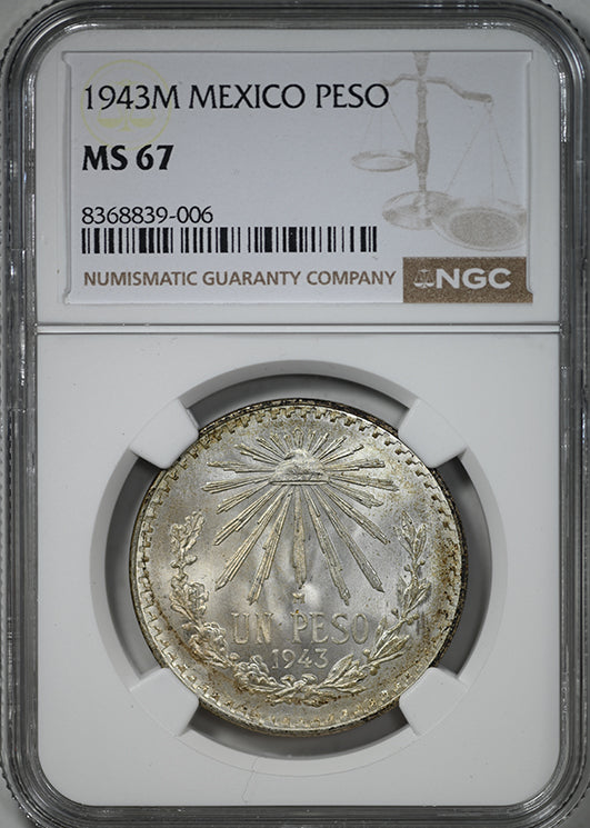 1943 M Mexico Silver Peso NGC MS67