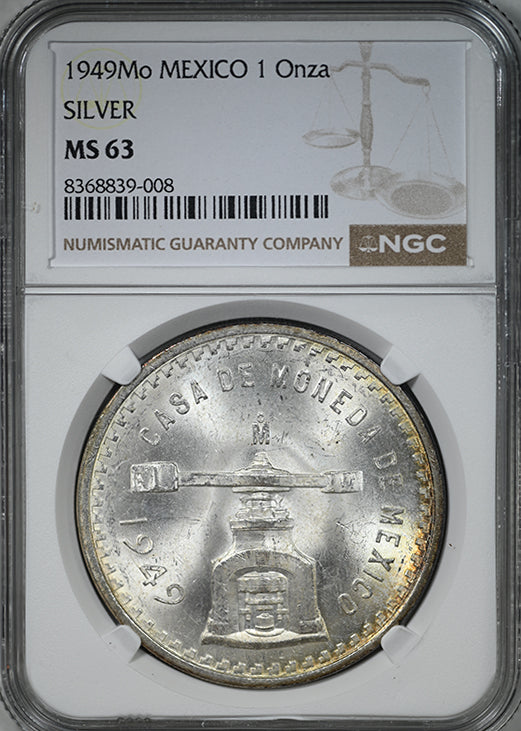 1949 Mo Mexico Silver Casa de Moneda 1 Onza NGC MS63