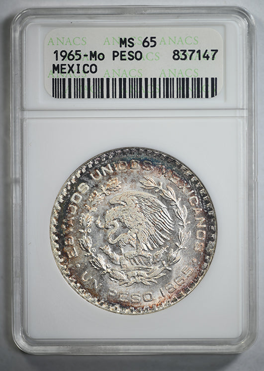 1965-Mo Mexico Silver Peso ANACS Soapbox MS65 - TONED!